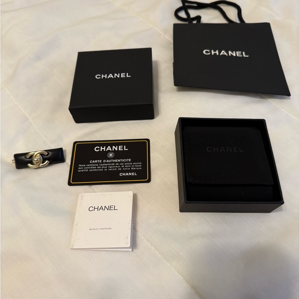 Chanel Black Leather Hair Clip with Gold Logo
